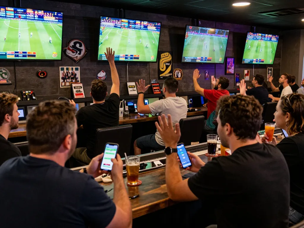 Fãs animados fazendo apostas na 166bet durante eventos esportivos ao vivo em uma atmosfera vibrante de bar.