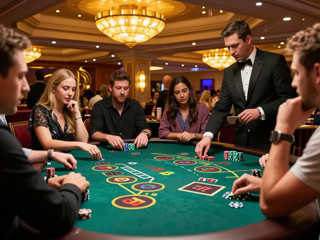Players enjoy a lively Go8 blackjack game on a luxurious casino floor, showcasing strategic gameplay.