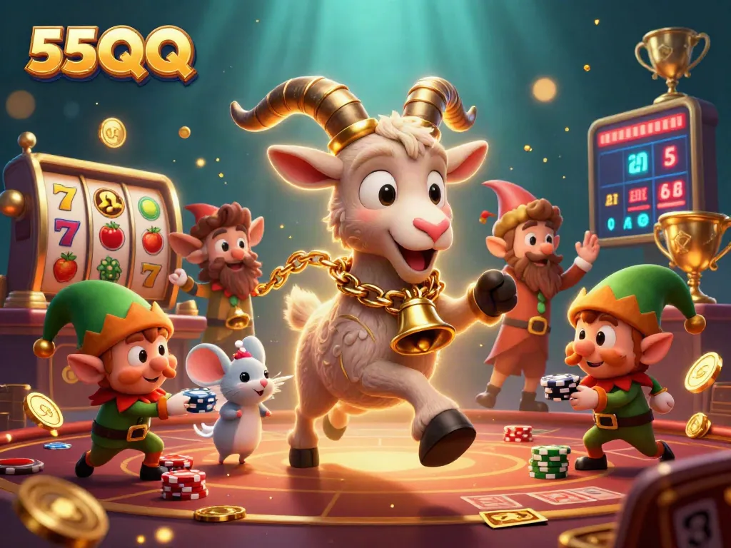 Experience an exciting casino scene with 55QQ, showcasing playful characters in a vibrant gaming atmosphere.