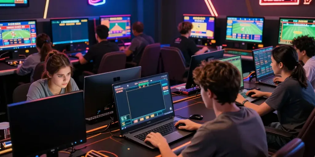 Engaged bettors exploring https://fc88v1.com/ in a vibrant online gaming lounge.