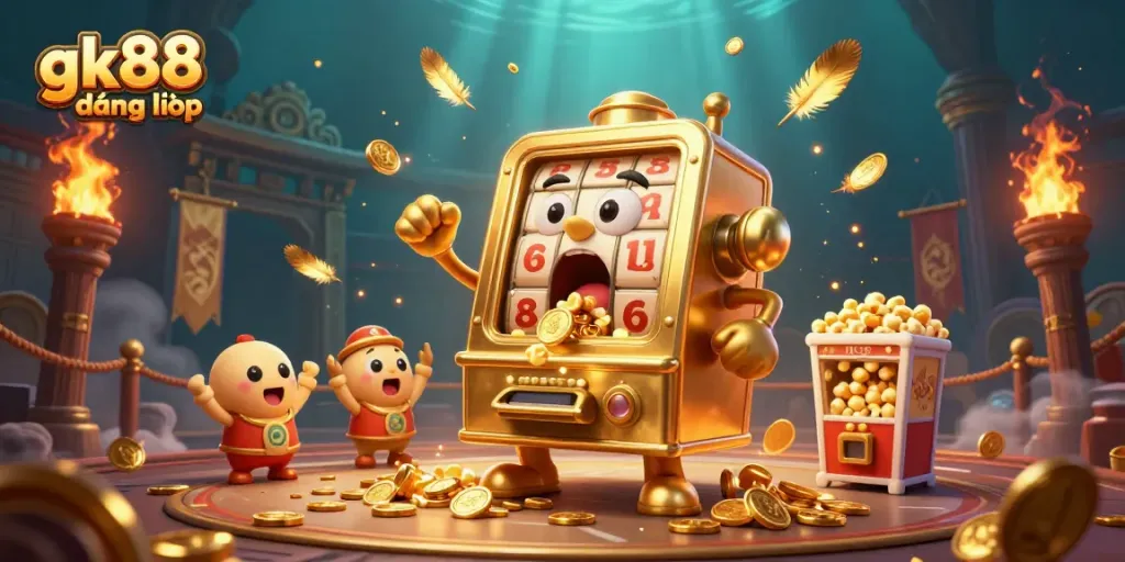 Celebrate a jackpot with gk88 đăng nhập and golden slot machines in a dynamic casino scene.