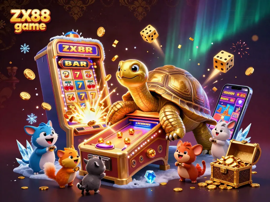 Engage in adventures with ZX88 game, featuring vibrant slot machines, a golden tortoise, and treasure.