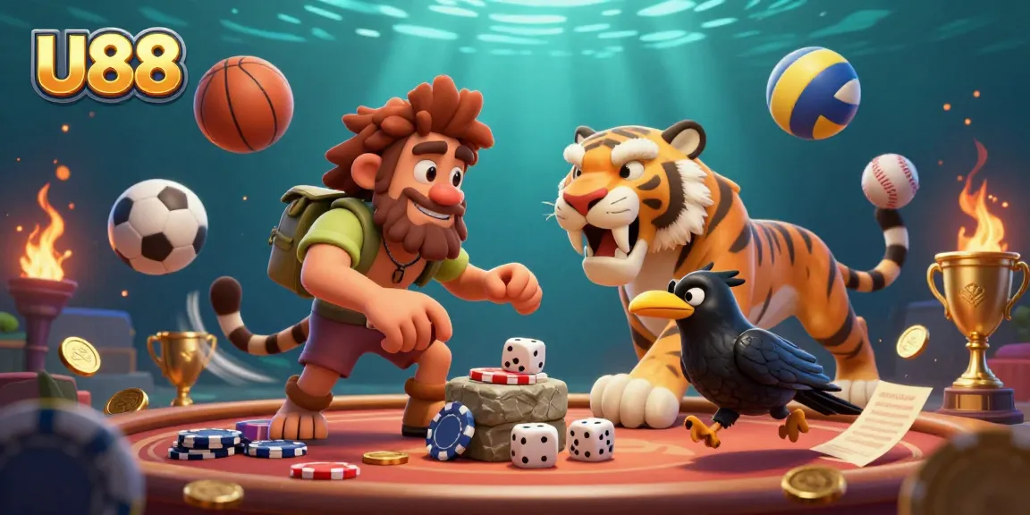 Experience U88 thrilling sports betting with a captivating prehistoric casino scene featuring a caveman and tiger.