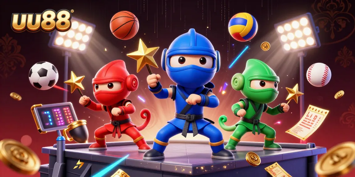 Experience thrilling action at uu88 with a dynamic team of cartoon chameleon ninjas in a casino-themed illustration.