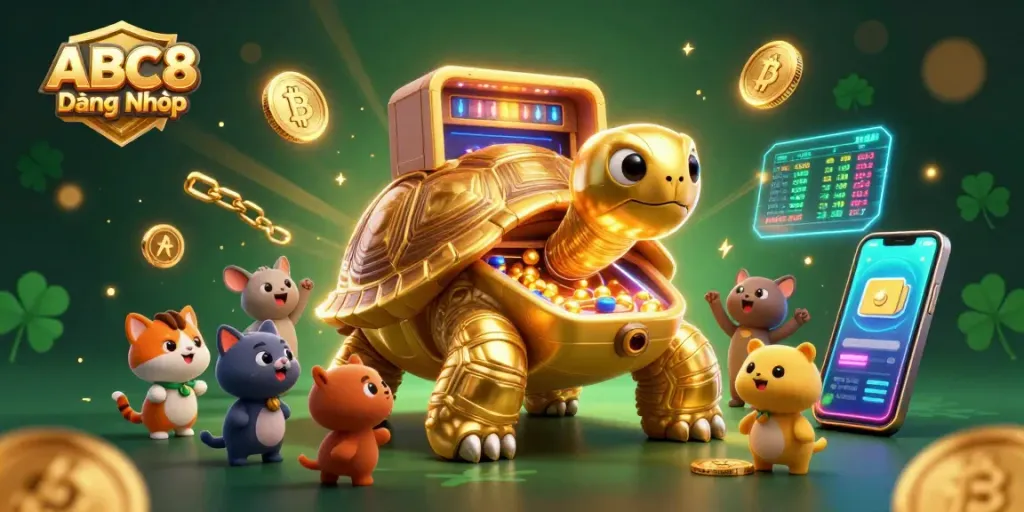 Experience ABC8 Đăng Nhập as golden tortoise and friends showcase a vibrant crypto casino adventure.