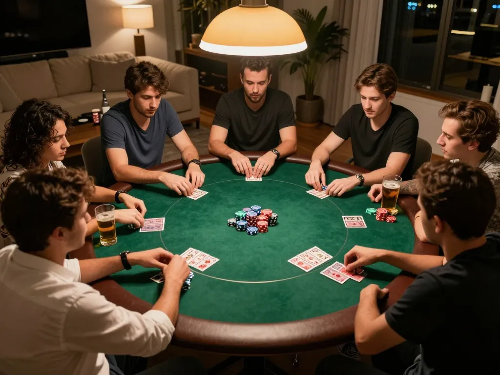 Playing poker with friends on 33nn platform in a cozy home setting, showcasing strategic gameplay.