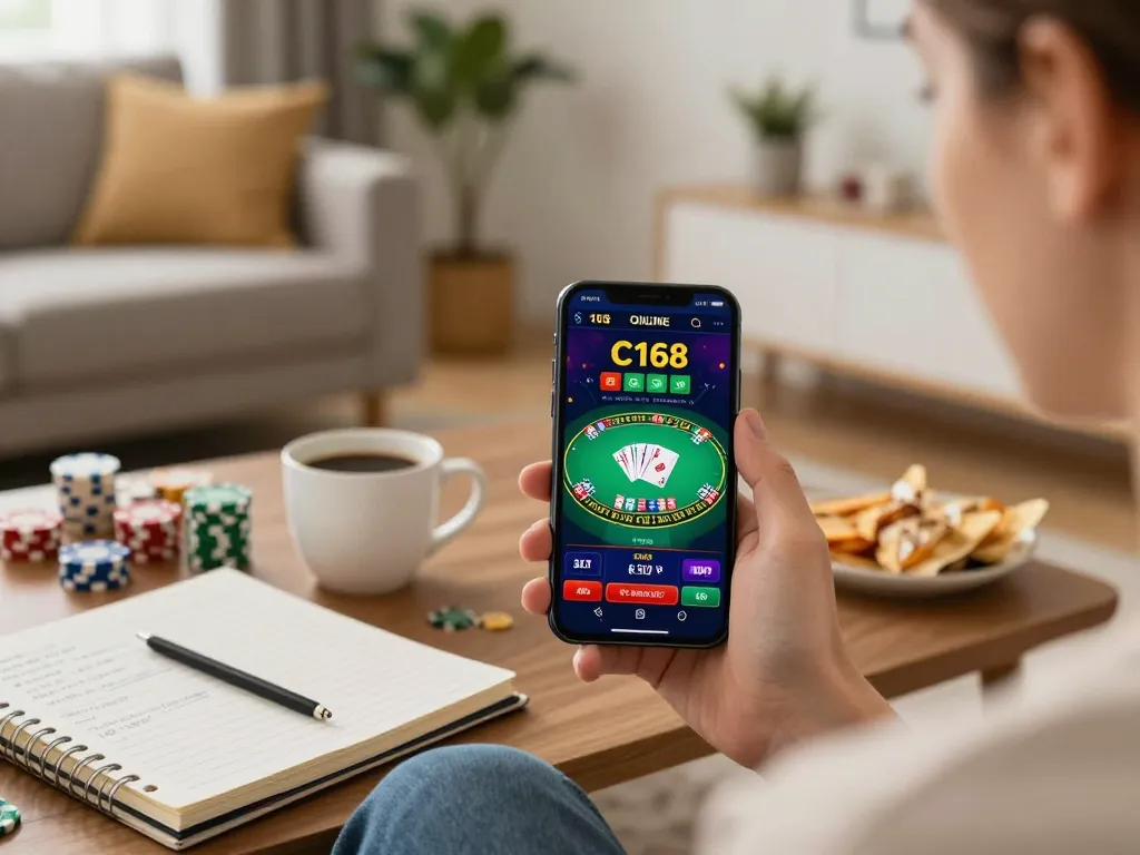 Player enjoying C168 online blackjack on smartphone in cozy living room setting