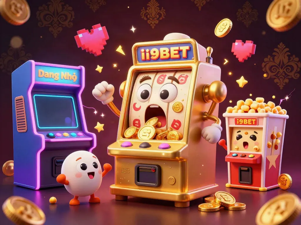 Experience the excitement of i9BET Đăng Nhập with vibrant slot machines in a lively casino scene.