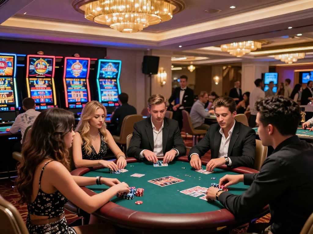 Friends enjoying a lively poker game at https://vin88-casino.games/, showcasing a vibrant casino atmosphere.