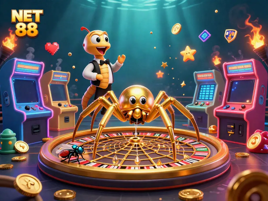 Engaging NET 88 gaming scene with a golden spider spinning a roulette wheel web amid vibrant arcade machines.