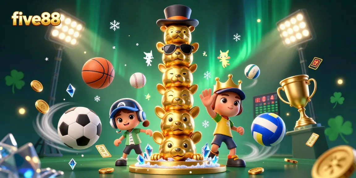 Engage in five88's dynamic casino scene with a vibrant 3D totem pole and sports elements.