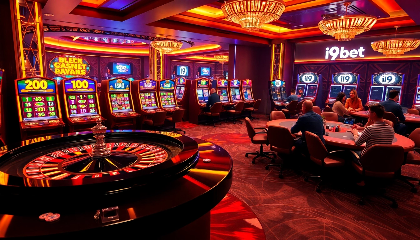 Experience luxury gambling with i9 bet at a vibrant online casino scene featuring poker and roulette tables.