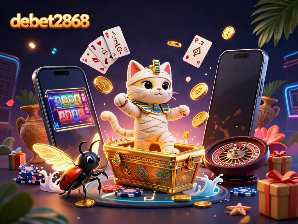 Engage with debet2868's vibrant casino scene featuring a mummy cat and golden elements.