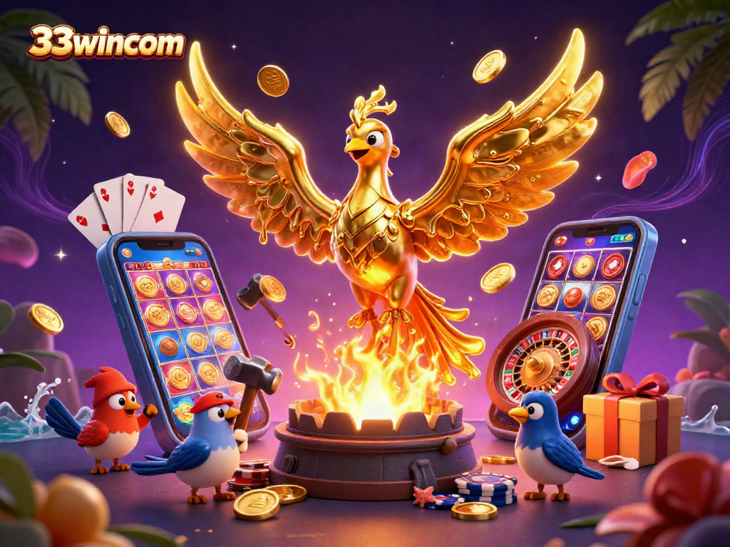 Experience thrilling wins with 33wincom's molten golden phoenix imagery in vibrant casino illustration.