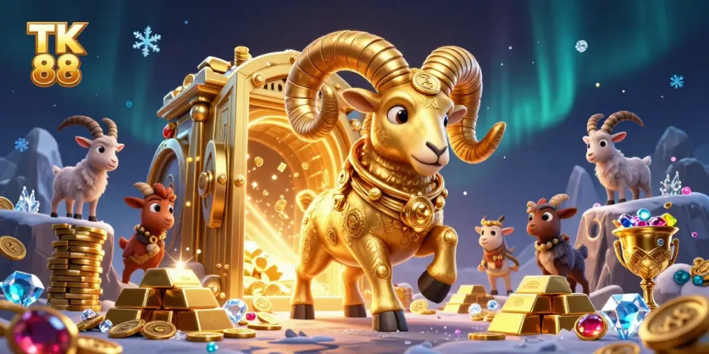 Engage with TK 88's exhilarating game scene featuring a golden ram amidst dynamic treasure elements.