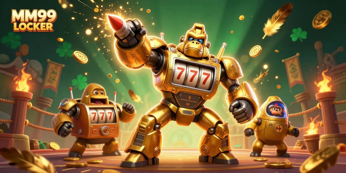 Experience the excitement at MM99 LOCKER with a thrilling 3D casino illustration featuring dynamic gaming elements.