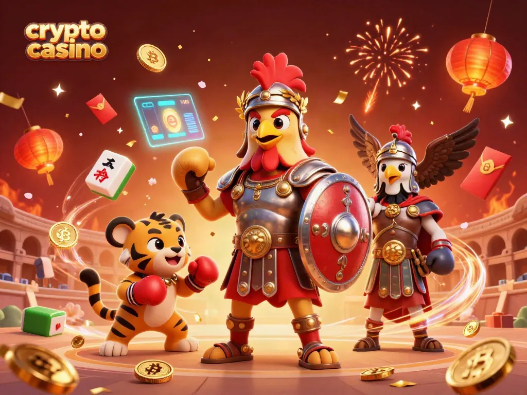 Experience crypto casino excitement with a dynamic 3D illustration of characters amid coins and vibrant gameplay elements.