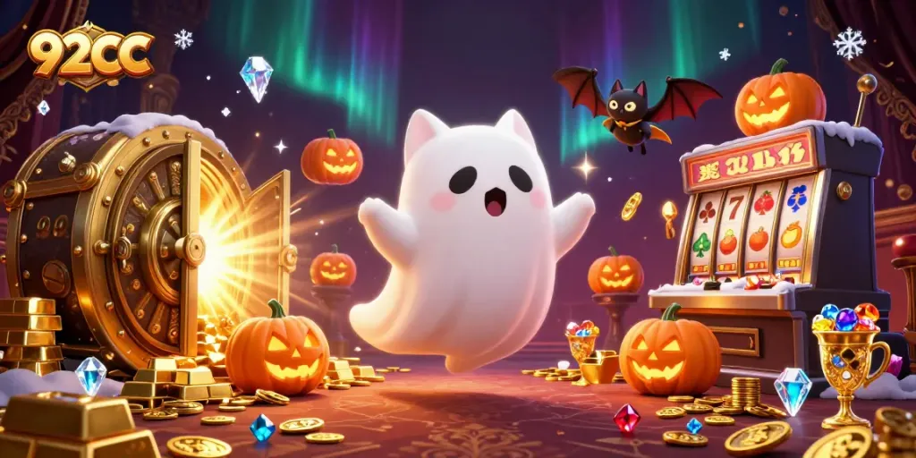 Engage in thrilling gameplay at 92CC with a ghostly cat and treasures in a vibrant casino.