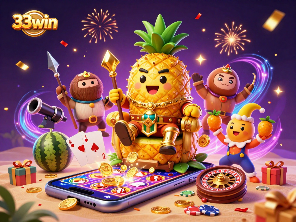 33win presents vibrant casino scene with a pineapple king, game elements, and festive effects.