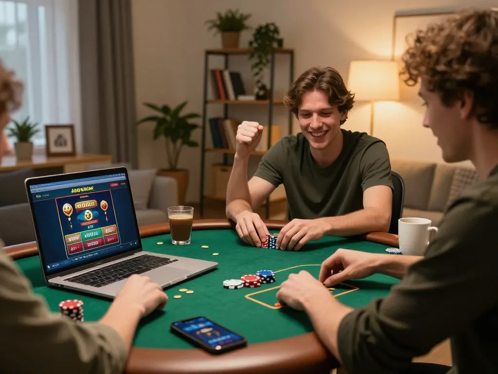 Player celebrating a poker win on jogoluck while enjoying the comfort of home gaming.