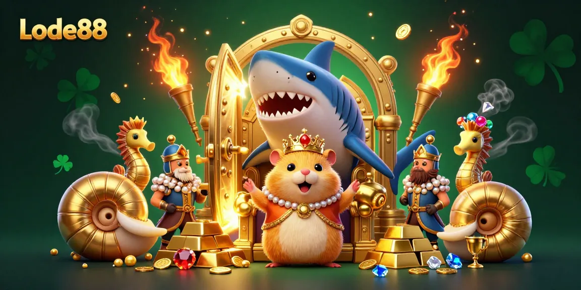 Lode88 showcases a golden hamster king with dazzling treasures in a vibrant casino scene.