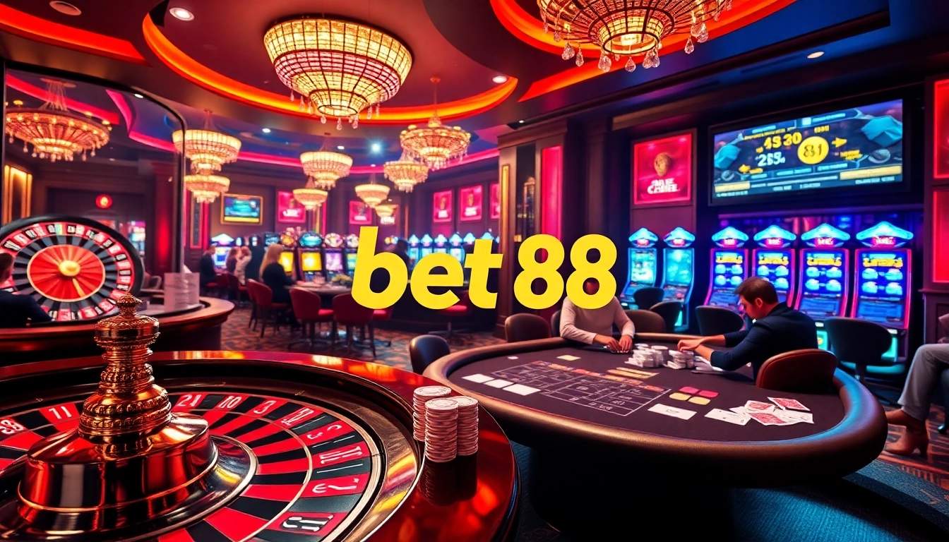 Experience the excitement of bet 88 with vibrant casino games, roulette wheel, and poker chips.