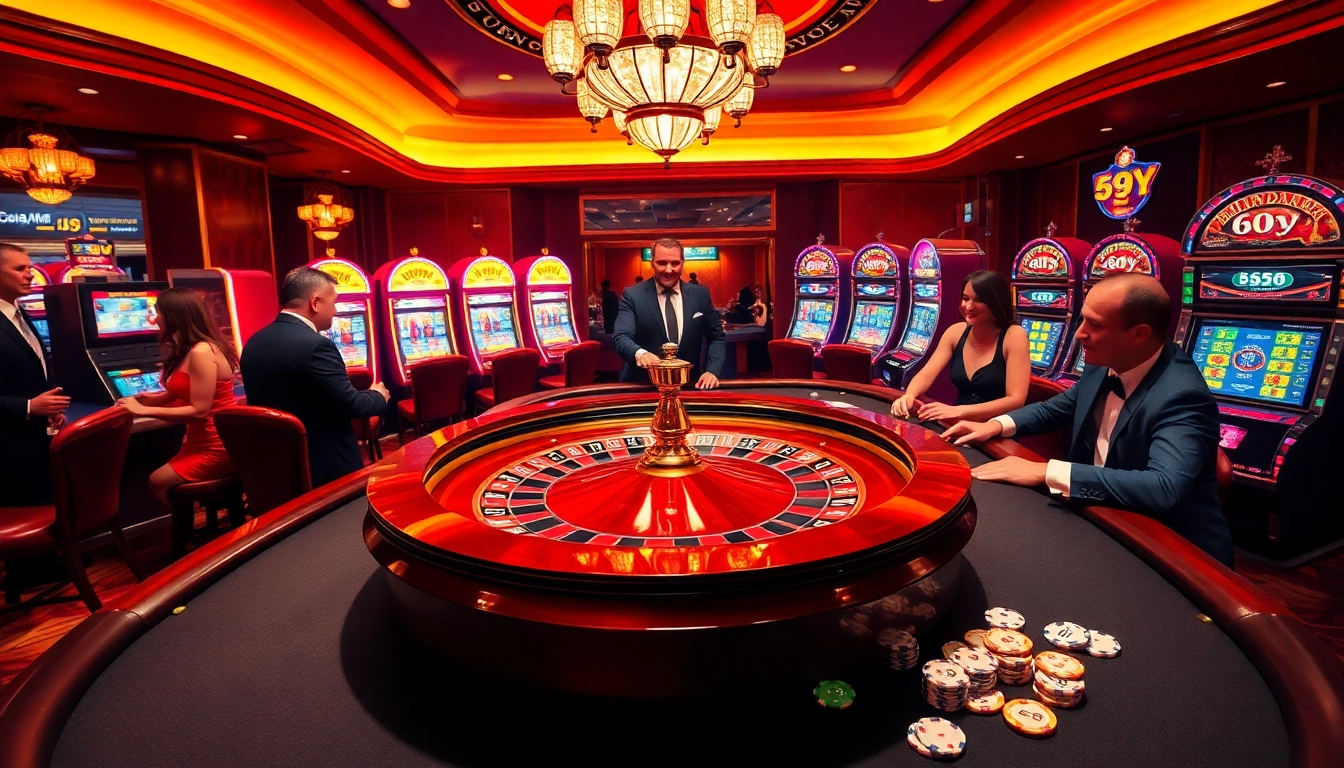 Apostadores aproveitando um emocionante jogo de roleta em um cassino luxuoso com a marca 69Y.