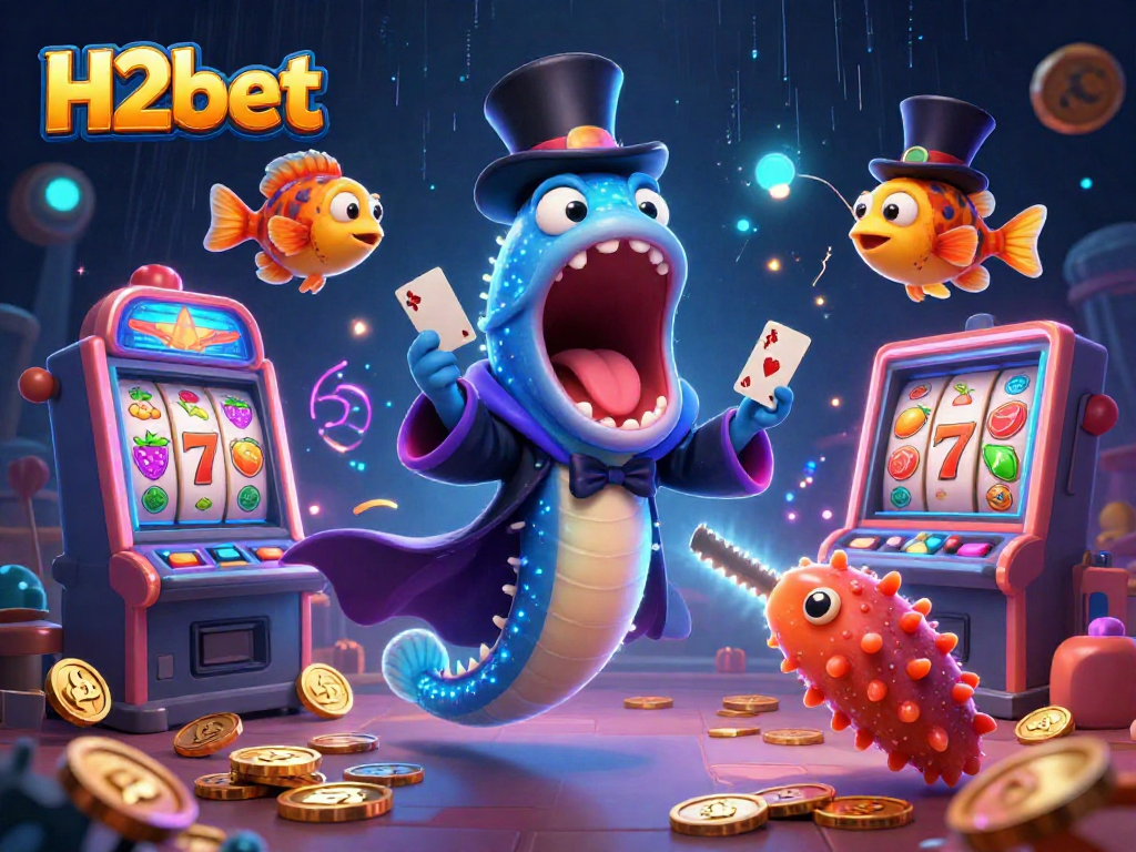Engage with H2bet's vibrant casino scene featuring a magical show with cartoon sea creatures and slot elements.