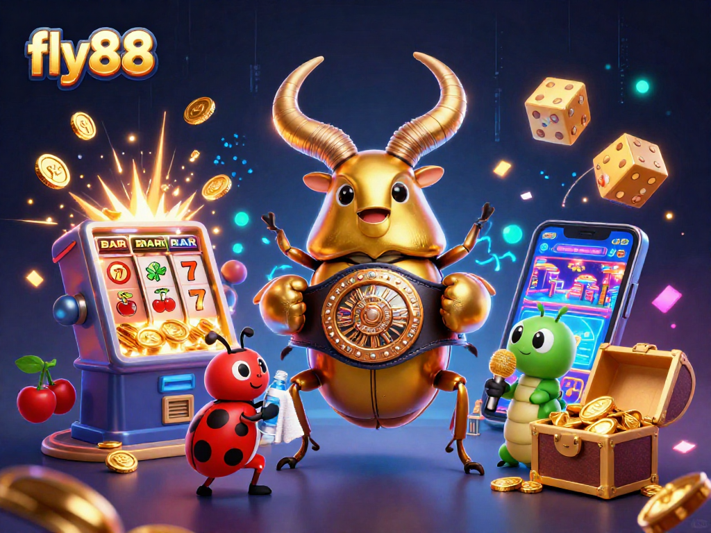 Catch the excitement at fly88 with a golden stag beetle and ladybug in vibrant casino illustration.