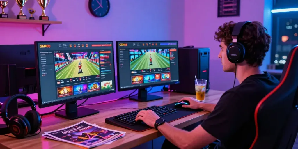 Engaged gamer navigating GEM88's online casino and sports betting platform on a sleek desktop.
