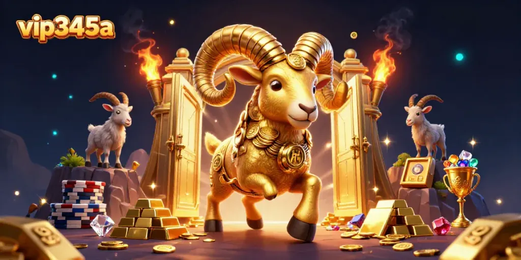 Experience the excitement of vip345a with a dazzling 3D casino scene featuring a golden ram charging through treasures.