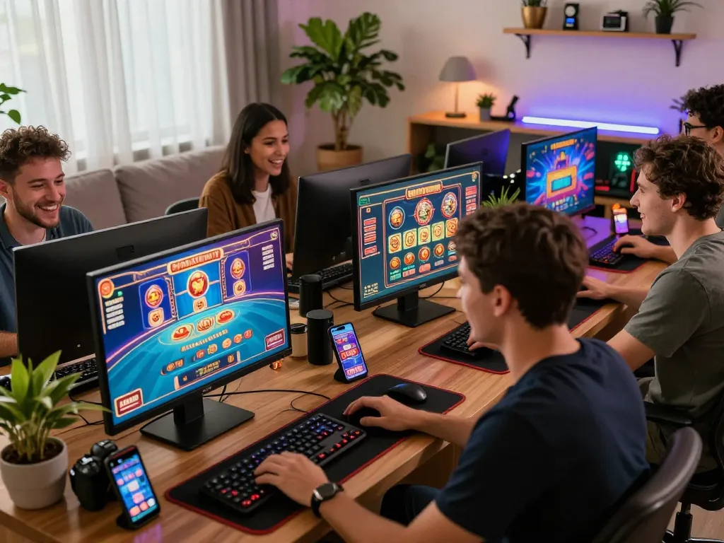 AQ777 players having fun in a cozy living room while playing online casino games on screens, showcasing a vibrant gaming atmosphere.