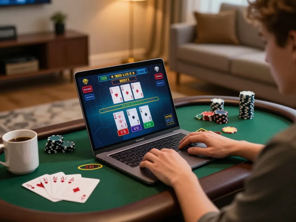 Player enjoying online gambling at 789BET with engaging blackjack game on laptop.