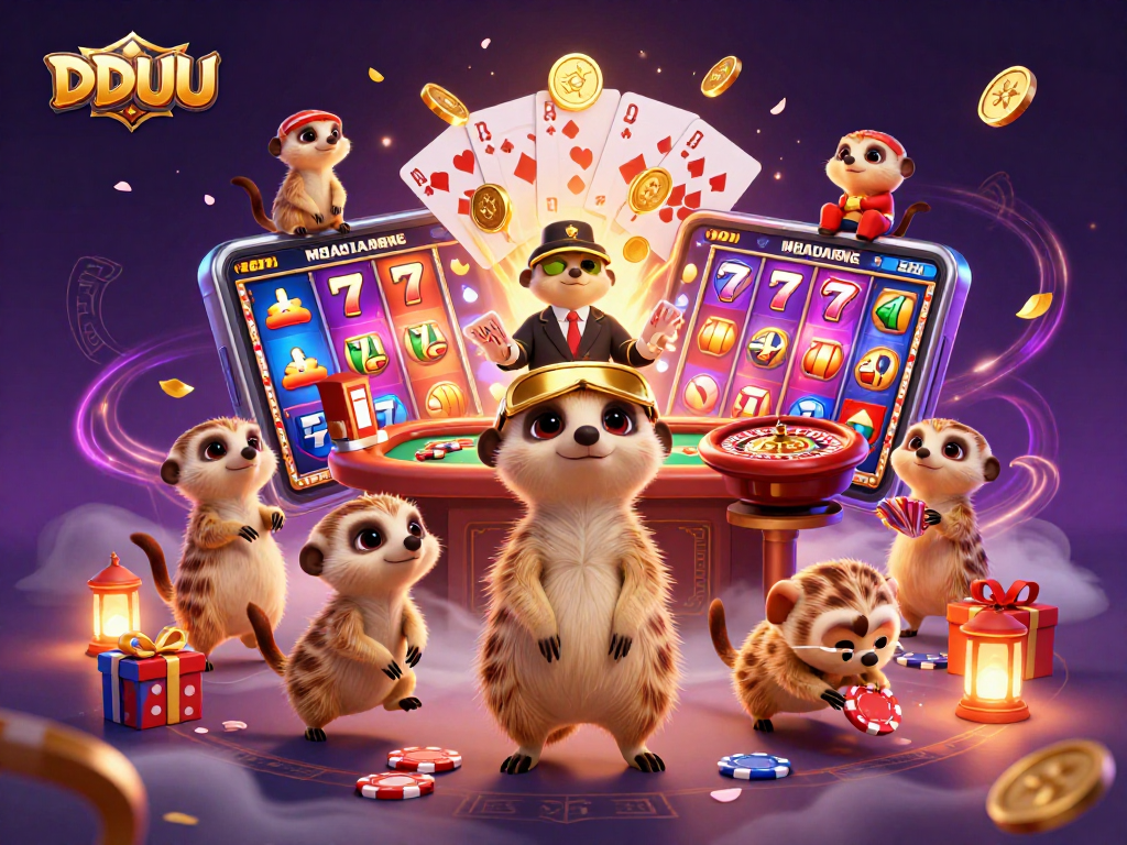 Experience DDUU with baby meerkats sneaking chips in a vibrant casino scene showcasing slots and gaming elements
