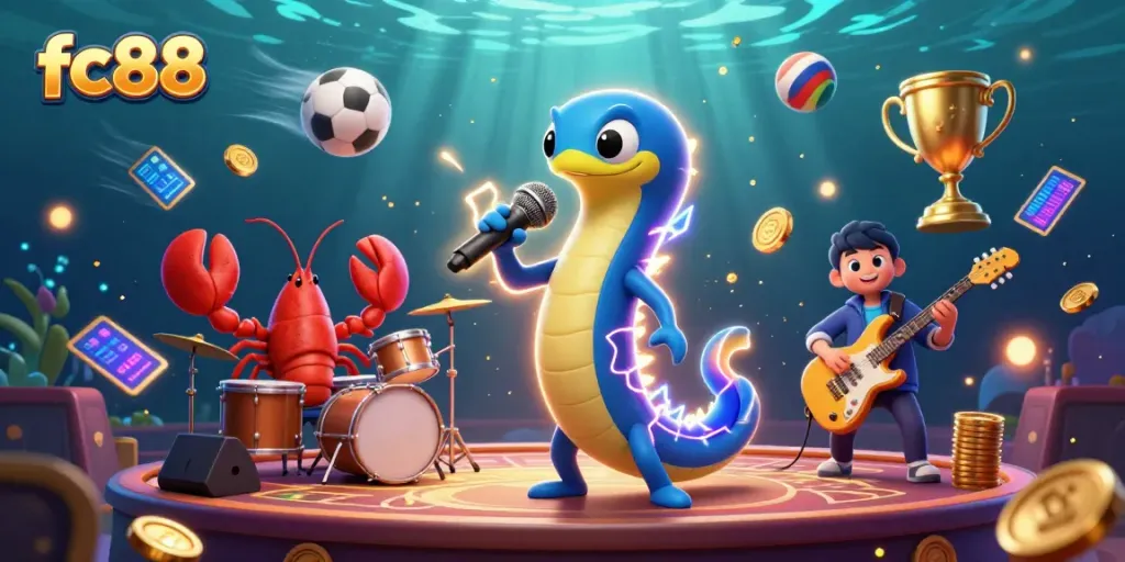 Experience the excitement of fc88 in an underwater casino with electrifying characters and vibrant game elements.