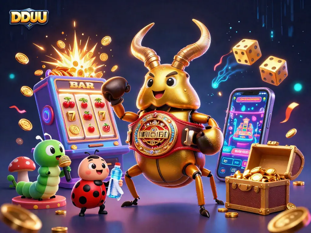 Join the thrilling action of DDUU with a golden beetle champion in a vibrant casino scene.