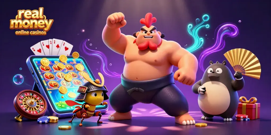 Engaging scene depicting real money online casinos with colorful slot games, lively characters, and gambling elements.