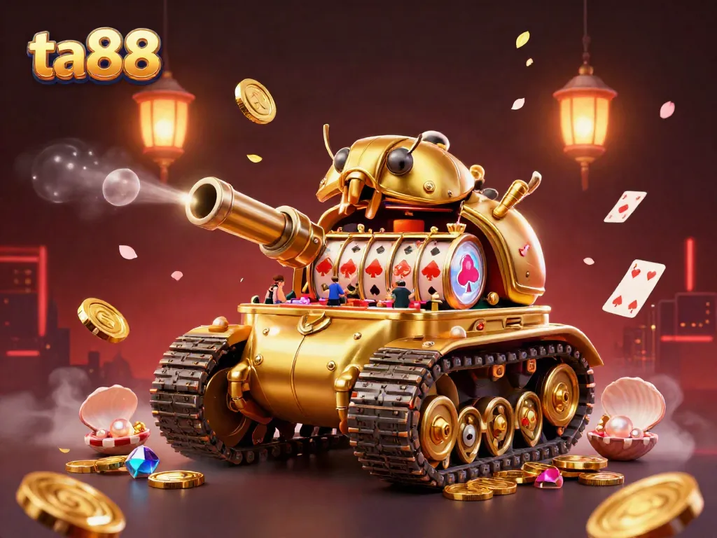 Experience ta88's thrilling gaming landscape with a 3D animated casino scene featuring bold elements and excited patrons.