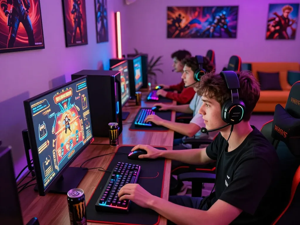 Friends enjoying an HH55 gaming session with vibrant setups and engaging visuals.