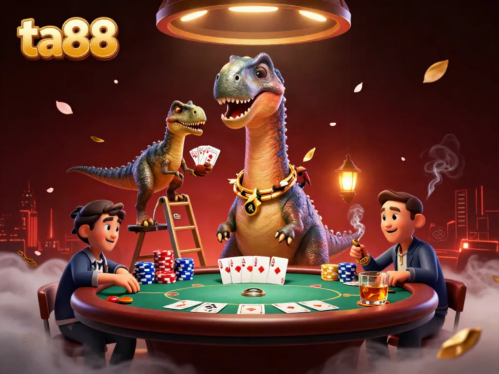 Experience the magic of ta88 with a vibrant 3D scene featuring a brontosaurus and raptor at a casino.