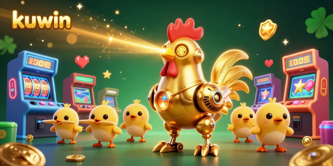 Kuwin game scene showcasing a retro-futuristic rooster robot and chick drones amidst colorful arcade and slot elements.