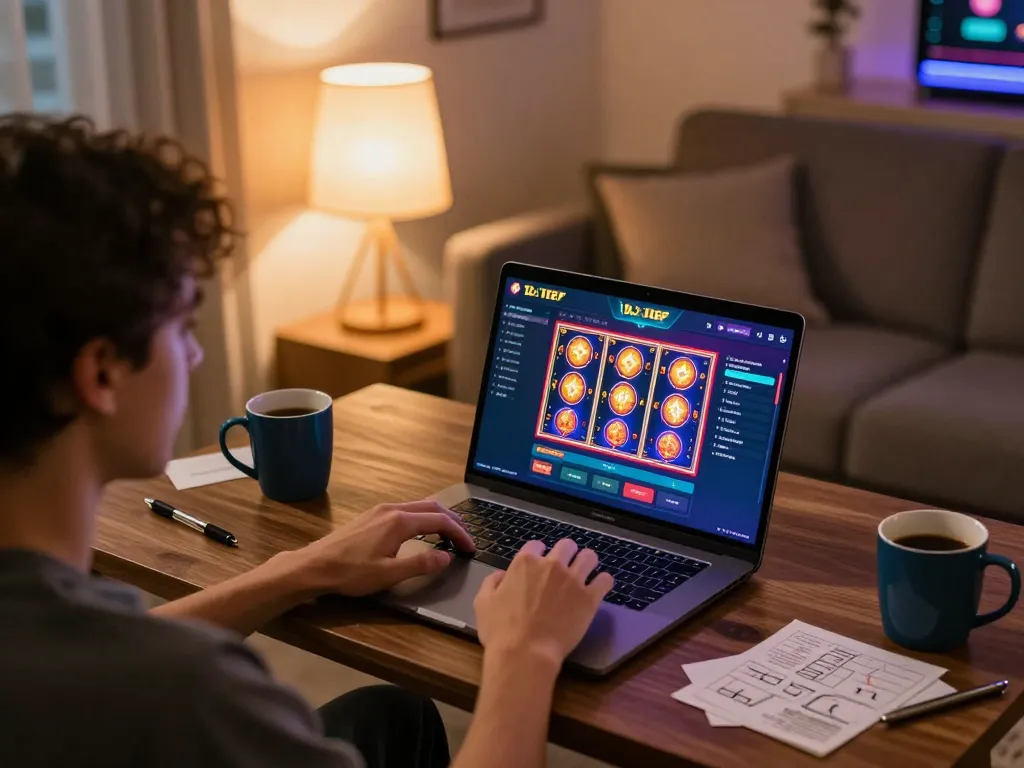 Interagindo com 12bet Brasil para jogos online em um laptop em um ambiente aconchegante em casa.