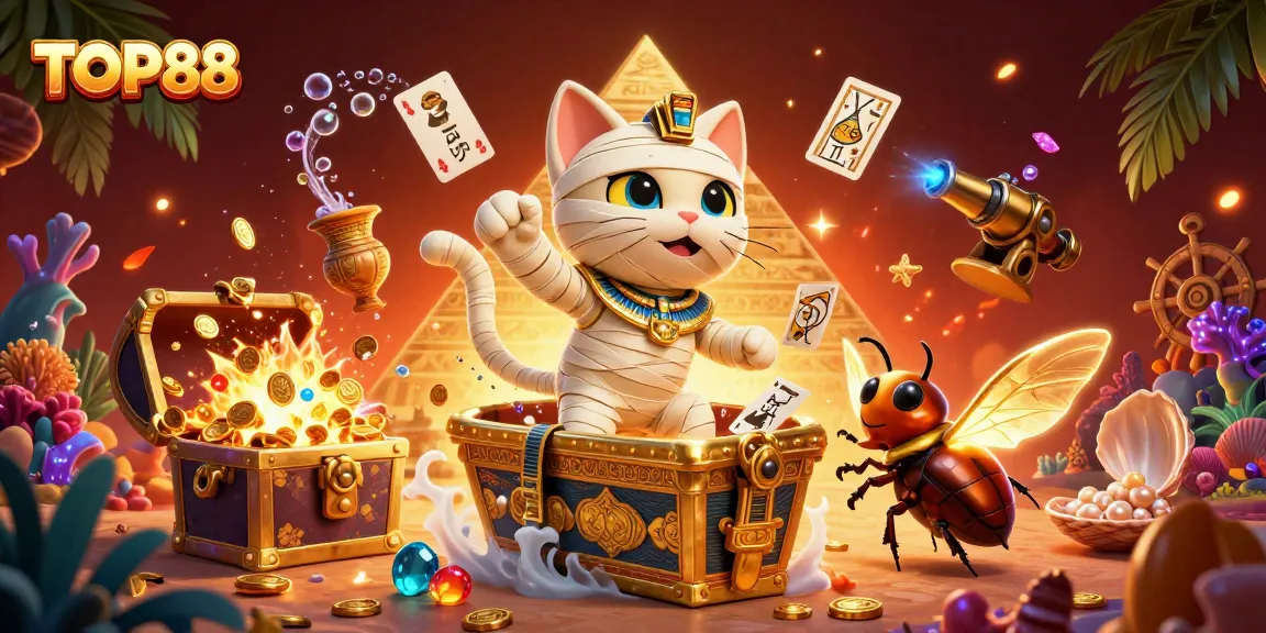 Experience the excitement of winning at TOP88 with vibrant casino elements and animated characters.