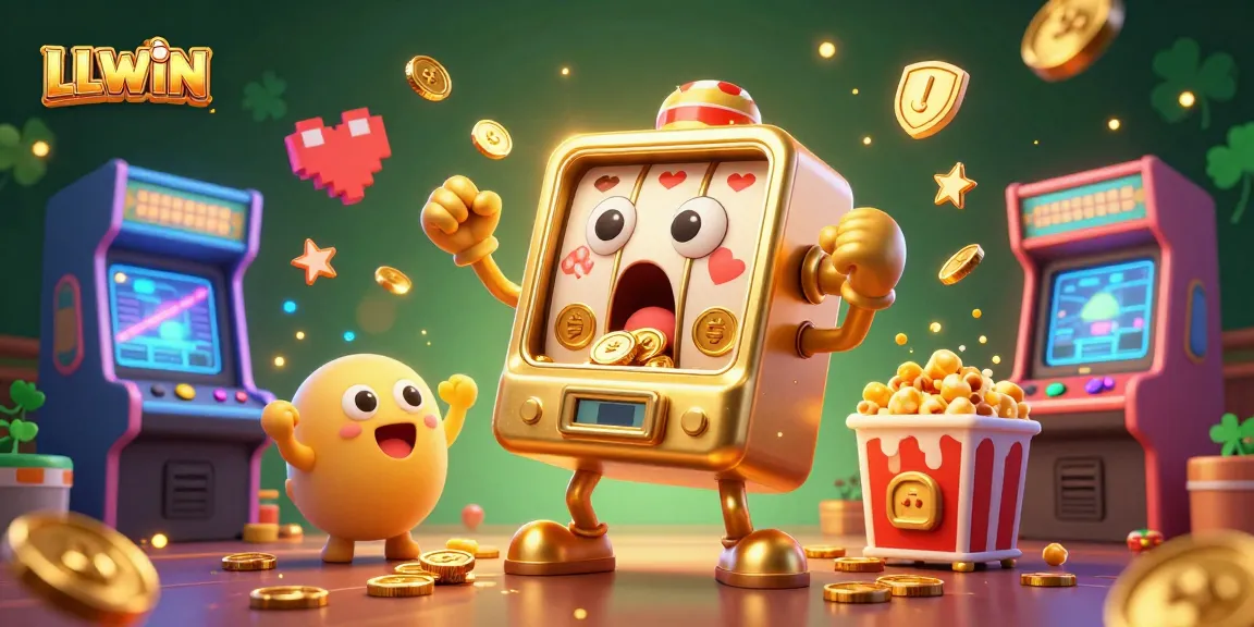 Experience LLWIN as the golden slot machine hits the jackpot, surrounded by cheering smaller machines and arcade elements.