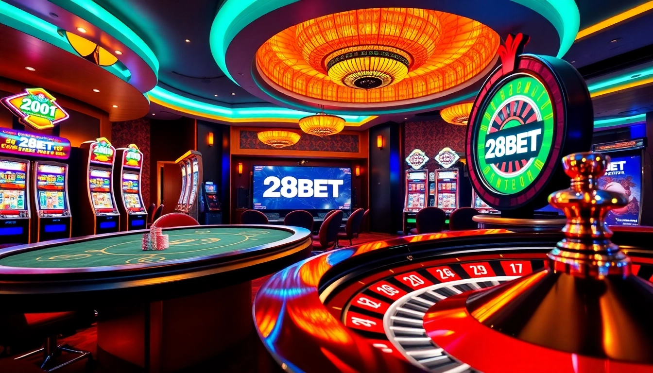 Exciting gaming experience at 28BET with vibrant casino elements like poker tables and slot machines.