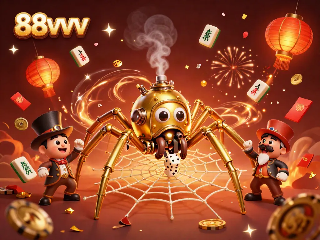 Experience the thrill at 88vvv with a golden spider forming a web of luck and excitement in this vibrant casino scene.