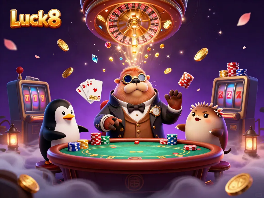 Luck8 players enjoy aquatic poker with a walrus, penguin dealer, and pufferfish amidst gold coins and gems.