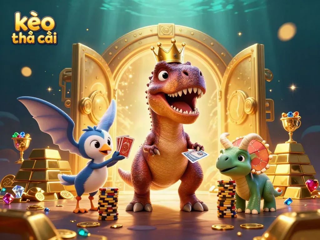Experience the excitement of kèo nhà cái with a colorful 3D scene showcasing a T-Rex shuffling cards alongside a triceratops stacking chips.