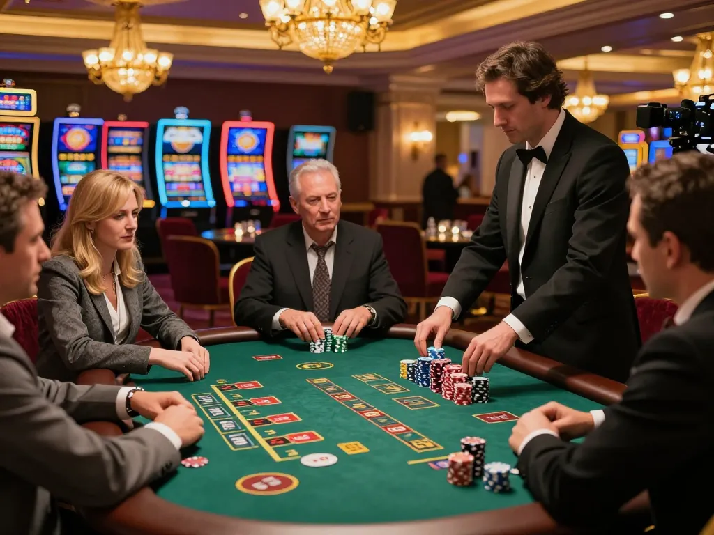A thrilling blackjack game scene at va88 casino with vibrant players and dealer interactions.