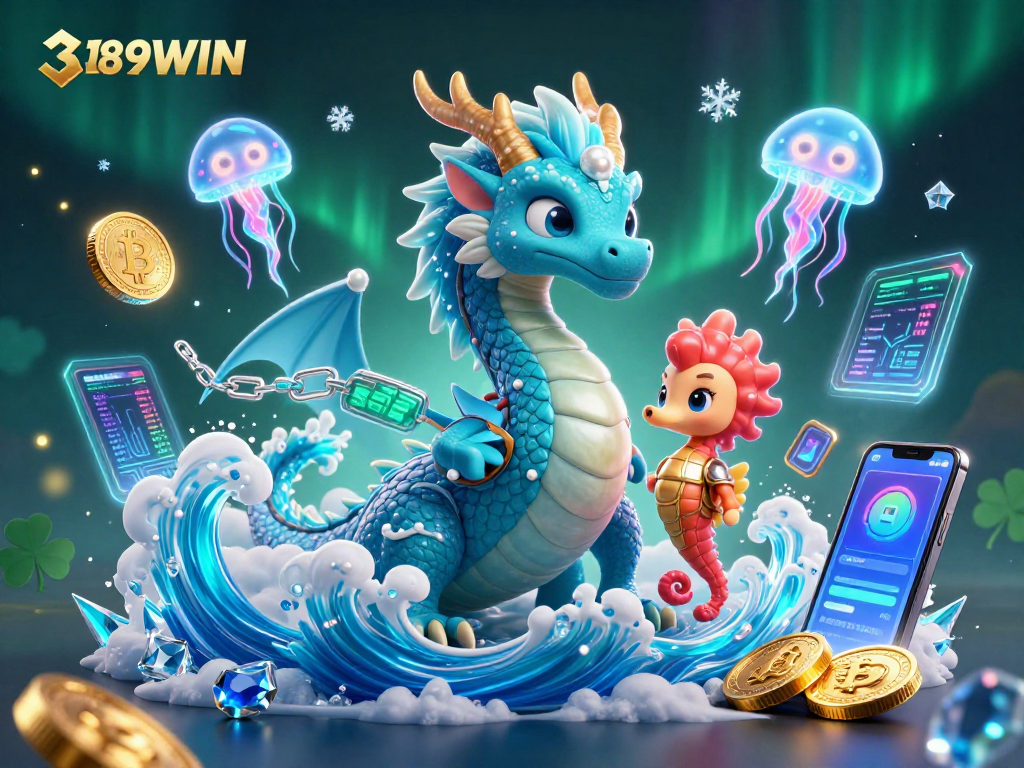 Engage in thrilling games at 389WIN with the azure dragon and seahorse knight surrounded by neon coins.